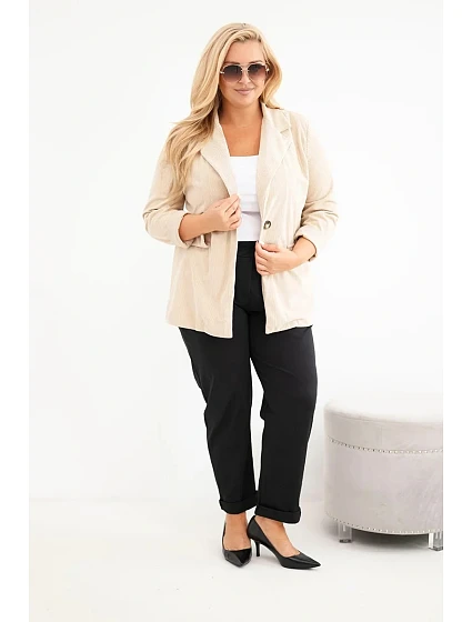 Dámské sako Plus Size manšestrové s klopami a kapsami béžová