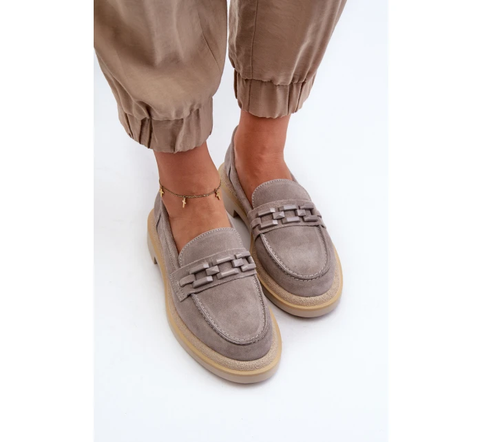 Dámské semišové mokasíny na plochém podpatku s ozdobou D&A TW101 Šedé