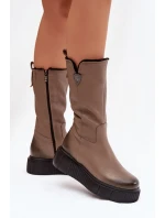 Kožené Dámské Kozačky S Tmavě Béžové model 21821669 - Zazoo