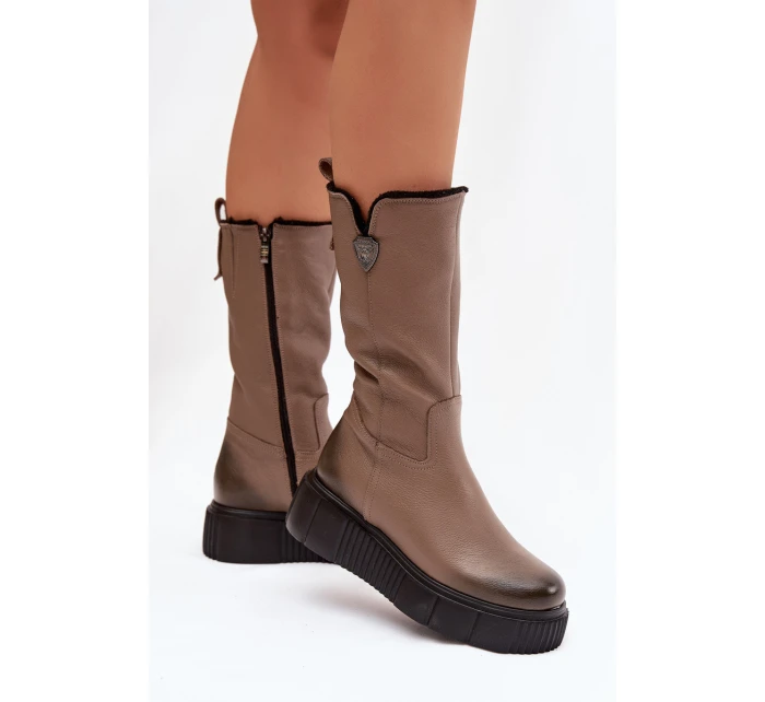 Kožené Dámské Kozačky S Tmavě Béžové model 21821669 - Zazoo