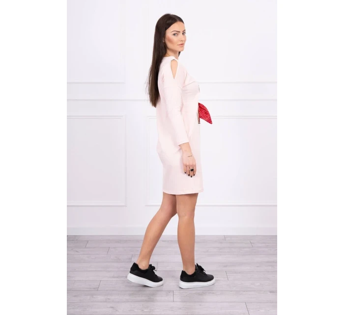 Šaty s grafikou a 3D hráškovou mašlí pudrově růžové