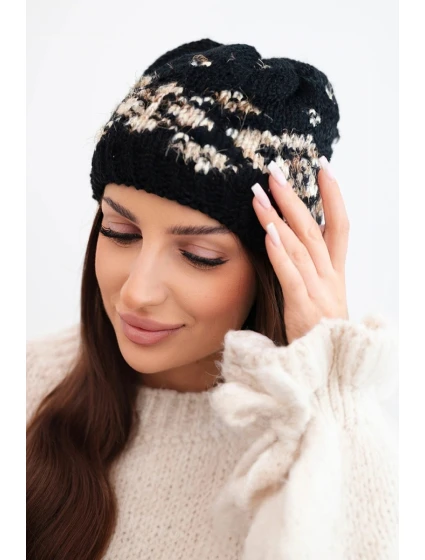 Dámská zimní vlněná čepice s ozdobnými krystalky K399 černá
