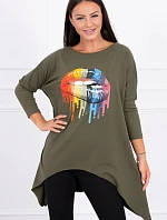 Oversize halenka s duhovým potiskem rtů v barvě khaki