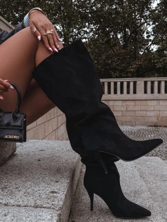 Vklouzávací dámské kozačky na podpatku z eko semiše černé Noretta