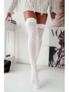 Dámské ažurové nadkolenky se vzorem rybí kost – bílé