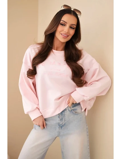 Dámská mikina s výšivkou volného střihu máslová cukrová růžová