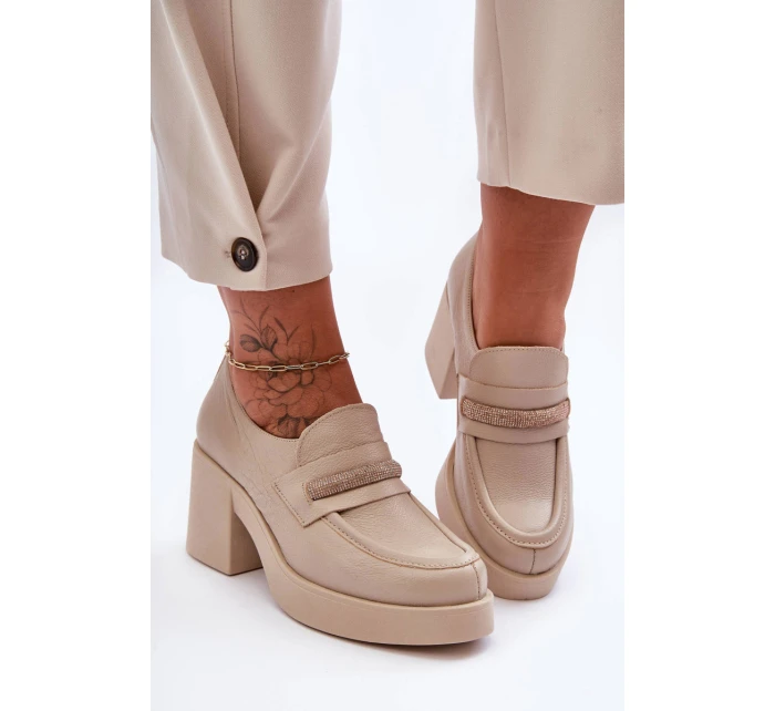 Kožené Půlboty Na Sloupku S Ozdobou Bežové Gelanor Kožené Půlboty Na Sloupku S Ozdobou Bežové Gelanor