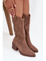 Ažurové Kozačky Na Podpatku Tmavě Béžové model 21708366 - Boto
