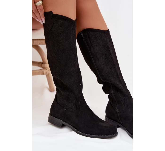 Dámské kozačky s otevřeným vzorem na nízkém podpatku S.Barski HY61-8022 Černé