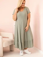 Dámské šaty plus size s krátkým rukávem a volánem z lehké viskózy khaki