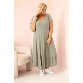 Dámské šaty plus size s krátkým rukávem a volánem z lehké viskózy khaki Dámské šaty plus size s krátkým rukávem a volánem z lehké viskózy khaki