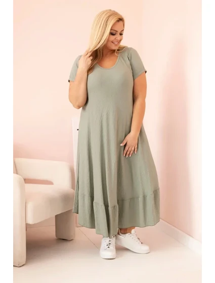 Dámské šaty plus size s krátkým rukávem a volánem z lehké viskózy khaki