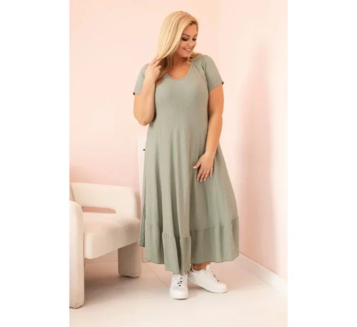 Dámské šaty plus size s krátkým rukávem a volánem z lehké viskózy khaki
