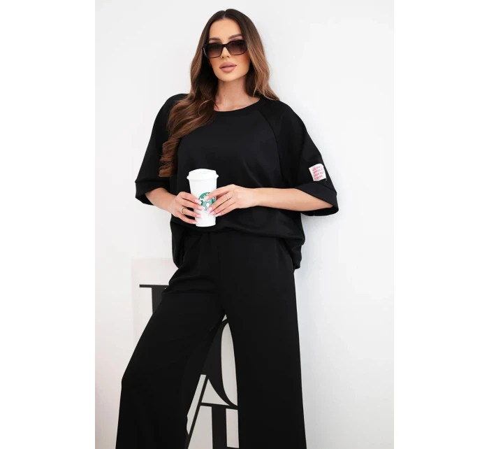 Dámský máslový komplet z viskózy mikina a široké kalhoty černý Dámský máslový komplet z viskózy mikina a široké kalhoty černý