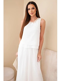 Dámský komplet z viskózy s topem bez rukávů a širokými kalhotami s ozdobným zakončením ecru