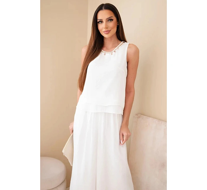 Dámský komplet z viskózy s topem bez rukávů a širokými kalhotami s ozdobným zakončením ecru