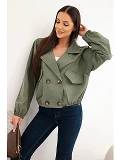 Dámská jarní krátká bunda s límcem a knoflíky khaki