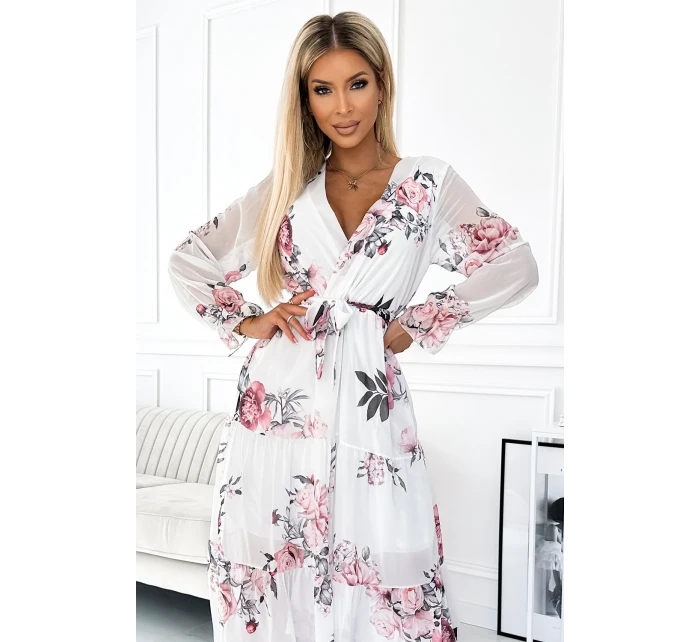 Bílé dámské midi šaty se vzorem výstřihem a páskem model 21729072 - numoco basic Bílé dámské midi šaty se vzorem výstřihem a páskem model 21729072 - numoco basic