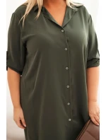 Dámská košilová šaty Plus Size s delším zadním dílem a model 21428153 rukávy khaki - K-Fashion
