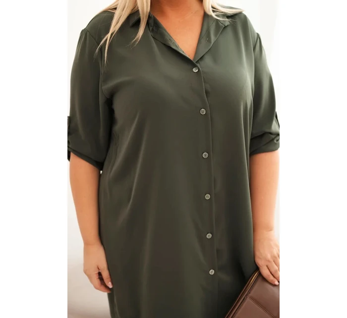 Dámská košilová šaty Plus Size s delším zadním dílem a model 21428153 rukávy khaki - K-Fashion