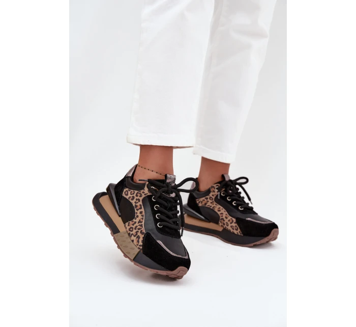 Dámské kožené tenisky na platformě s leopardím vzorem Artiker – černé Dámské kožené tenisky na platformě s leopardím vzorem Artiker – černé