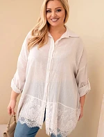 Dámská košile Plus Size bavlněná opraná s krajkovým zakončením béžová