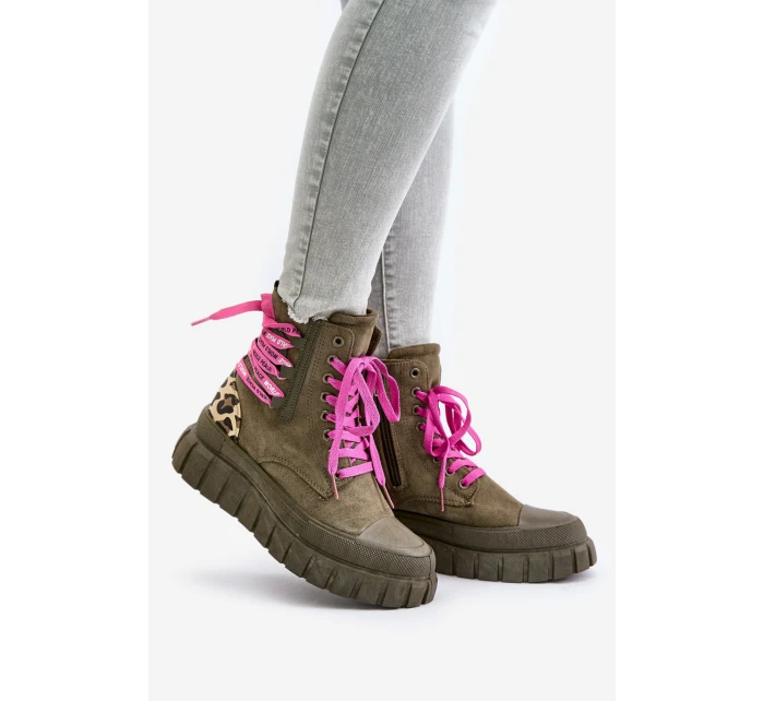 Dámské botky na platformě s ozdobným šněrováním leopardí zelené model 21673085 - EVENTO