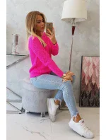 Dámský svetr s ažurovým zdobením neonově růžový - Kesi Dámský svetr s ažurovým zdobením neonově růžový - Kesi