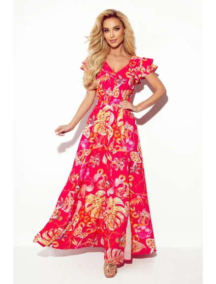 LIDIA - Růžové květované dlouhé dámské šaty s výstřihem a volánky 310-4