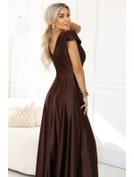 model 21489886 CRYSTAL saténové dlouhé šaty s výstřihem čokoládové - numoco