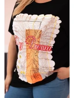 Dámská bavlněná halenka Plus Size s potiskem  černá + oranžová model 21175959 - K-Fashion