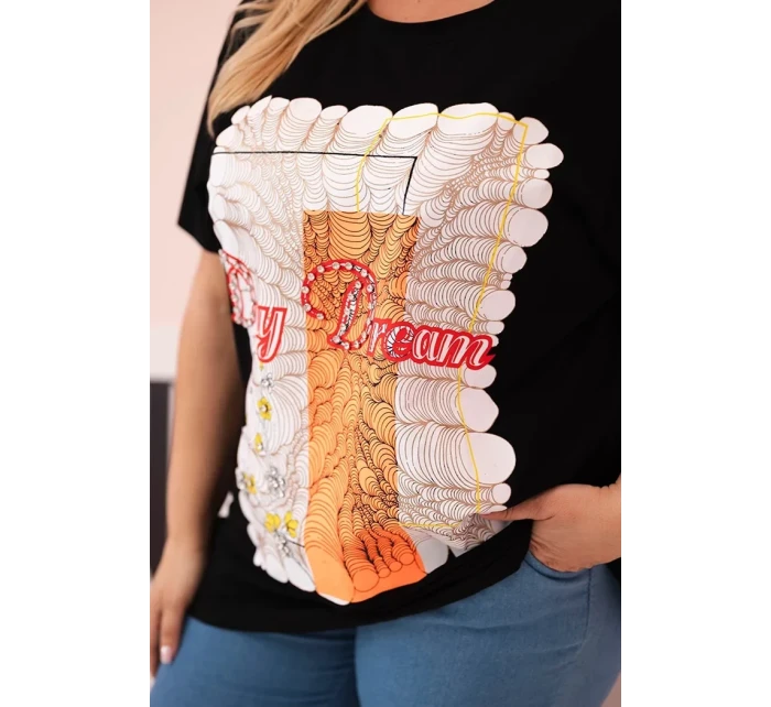 Dámská bavlněná halenka Plus Size s potiskem  černá + oranžová model 21175959 - K-Fashion