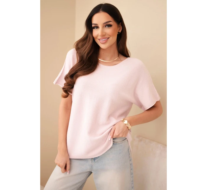 Dámský svetr s krátkým rukávem volného střihu pudrově růžový