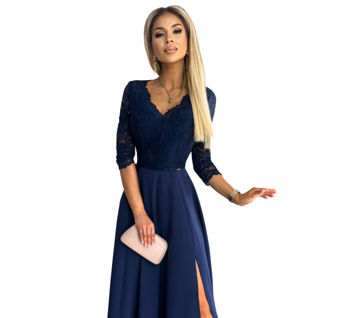 Elegantní dlouhé šaty s krajkovým výstřihem Numoco AMBER - tmavě modré