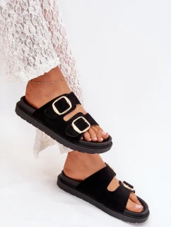 Dámské pantofle na platformě se zlatými přezkami – černé