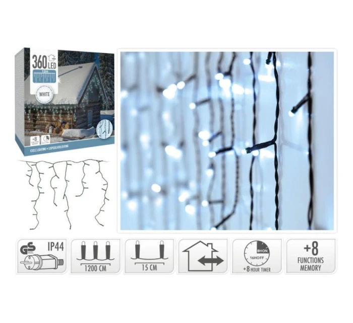 VÁNOČNÍ STROMEK SVĚTLA VENKOVNÍ SVĚTLO OPONA 360 VEDL ČASOVAČ STUDENÁ BÍLÁ KABEL ZELENÁ