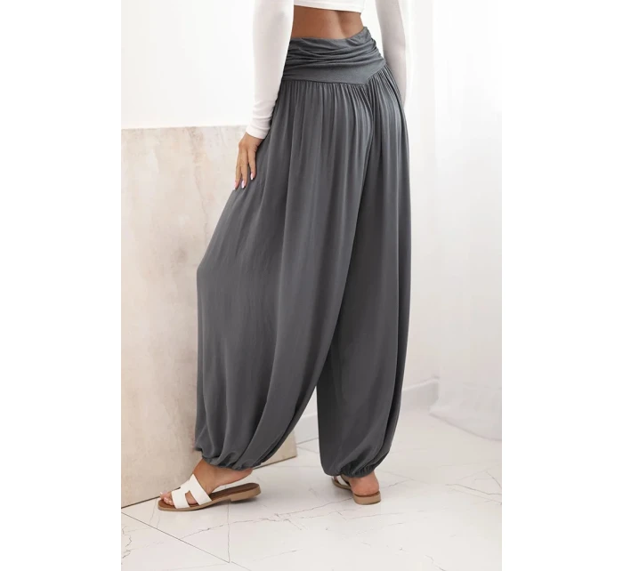 Dámské viskózové kalhoty s širokými nohavicemi a volánky grafit Dámské viskózové kalhoty s širokými nohavicemi a volánky grafit