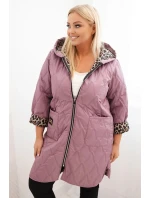 Dámská prošívaná bunda Plus Size s podšívkou v leopardím vzoru a kapucí tmavě růžová