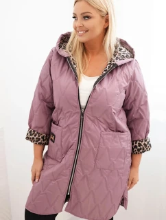 Dámská prošívaná bunda Plus Size s podšívkou v leopardím vzoru a kapucí tmavě růžová