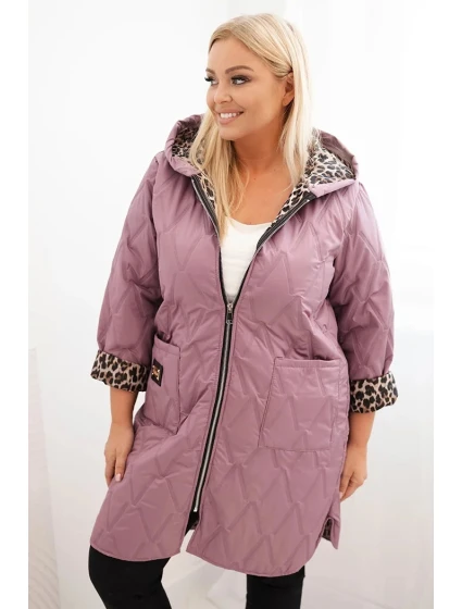 Dámská prošívaná bunda Plus Size s podšívkou v leopardím vzoru a kapucí tmavě růžová
