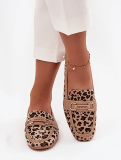 Mokasyny Loafersy Dámské S Ozdobným Prvkem Pantera Béžové Evelora