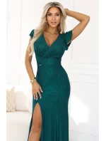 dlouhé šaty s obálkovým výstřihem a rozparkem na nohou lahvově zelené model 21475433 - numoco