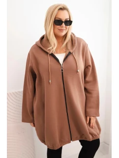 Dámská mikina Plus Size zateplená s kapucí a zipem hnědá