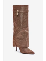 Ozdobené nazouvací kozačky na jehlovém podpatku s ohrnutým svrškem hnědé Enathlin