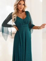 655-2 Dlouhé lehké třpytivé šaty s výstřihem a průhlednými rukávy - smaragdově zelené