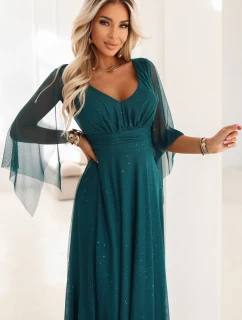 Dlouhé lehké třpytivé šaty s výstřihem a rukávy zelené model 21802212 - numoco basic