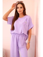 Dámský komplet z viskózy s ozdobným květem a širokými kalhotami - fuchsie světlá fialová