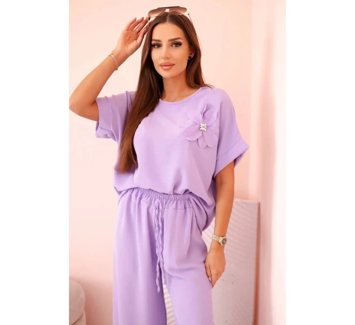 Dámský komplet z viskózy s ozdobným květem a širokými kalhotami - fuchsie světlá fialová