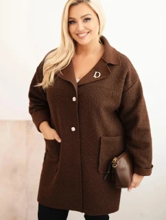 Dámský kabát Plus Size model 22324379 s vlnou a kapsami hnědý - K-Fashion