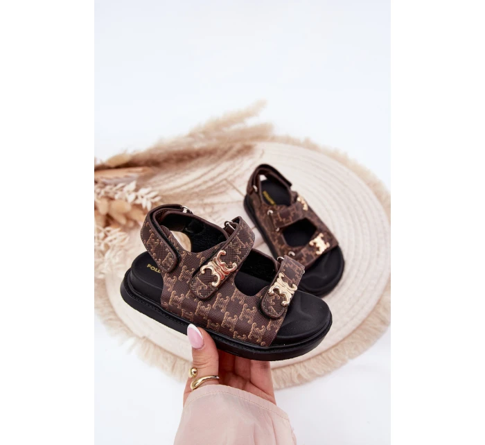 Dětské Sandály Na Suchý Zip Se Zlatými Detaily Hnědé Cavina Dětské Sandály Na Suchý Zip Se Zlatými Detaily Hnědé Cavina